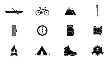 Minimalist black and white adventure and outdoor activity icons set with nine distinct symbols with representing various outdoor adventure themes © Somiran