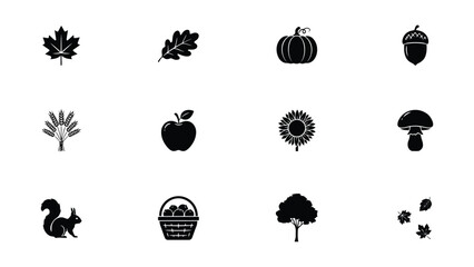 Autumn harvest silhouette icons collection featuring pumpkin maple leaf acorn with showcases minimalist black white silhouette collection nine autumnal harvest themed icons © Somiran