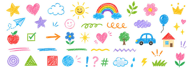 Fototapeta premium Pastel crayon doodle set for children with hand drawn stars, hearts, flowers, rainbow, cloud, smile, arrows and school underline marks in playful pencil texture. Vector illustration