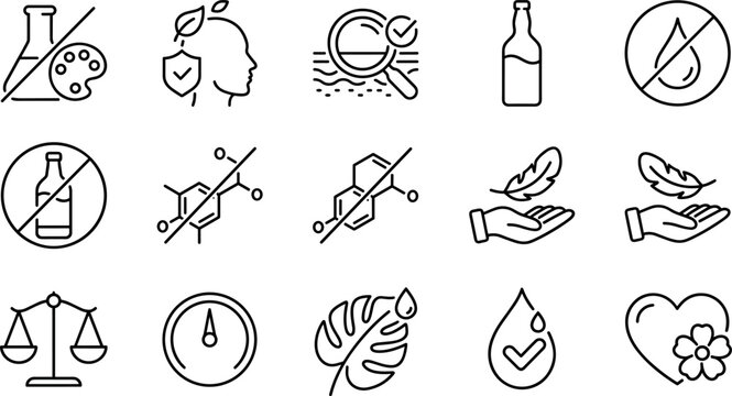 Cosmetic and Skincare Line Icon Set with Cruelty Free, Hypoallergenic, Paraben Free, Organic, Sensitive Skin, and Dermatologically Tested Symbols for Product Packaging