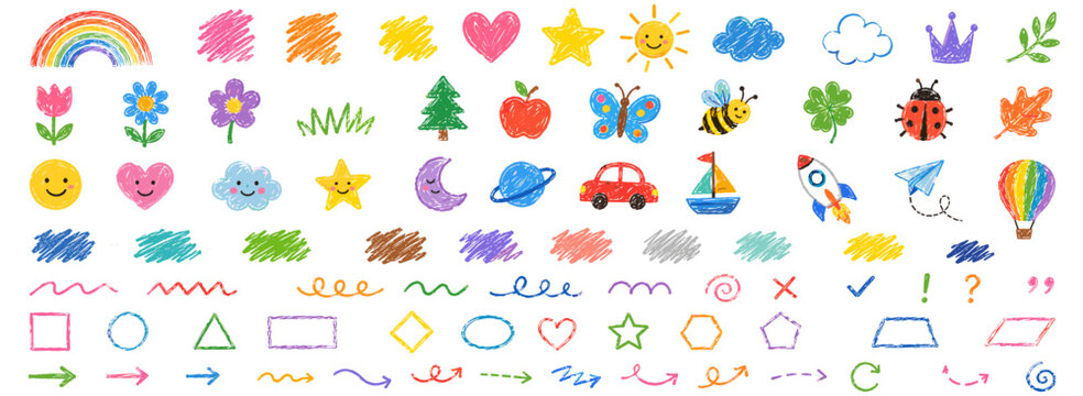 Hand drawn crayon color icon set with cute kids rainbow, heart, star, sun, cloud, flower and butterfly, pastel pencil chalk scribble line elements, vector illustration