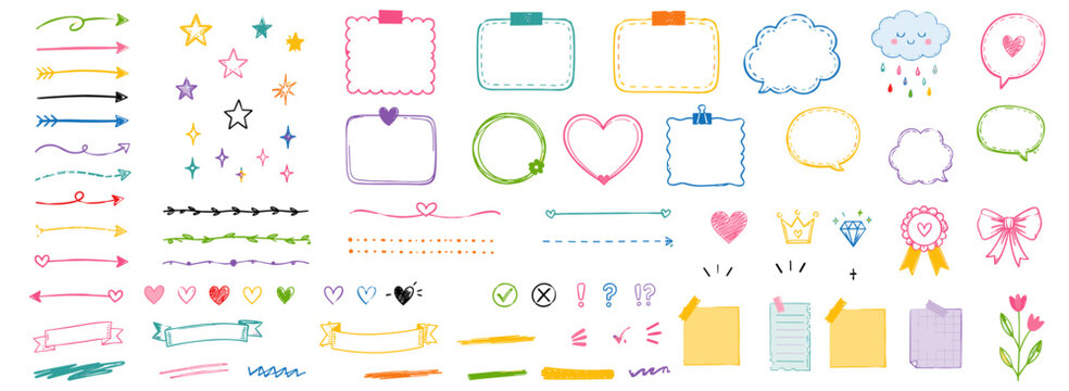 Colorful cute doodle line set with hand drawn arrows, stars, heart, cloud, frames and underline marker strokes for kids, notes and playful decoration, vector illustration