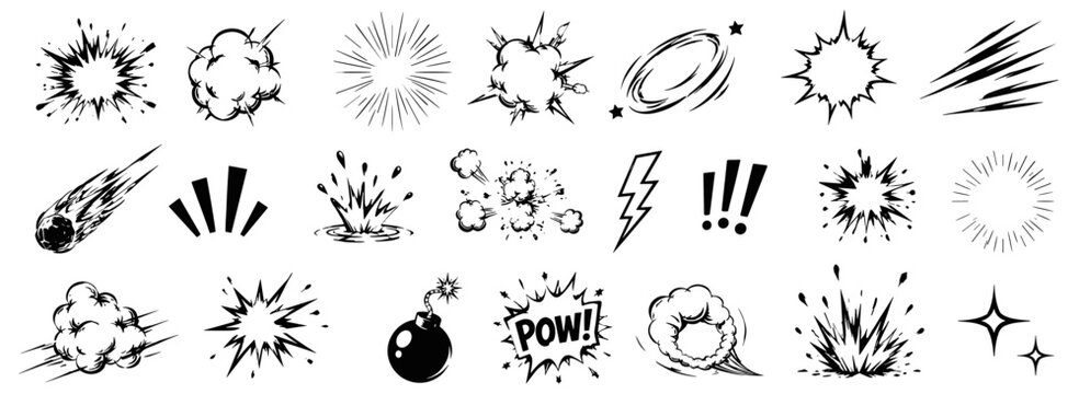 Cartoon motion line and explosive boom effect collection with speed bursts, impact smoke, action flashes, dynamic comic marks, energy sparks and sketch doodle icons. Vector illustration