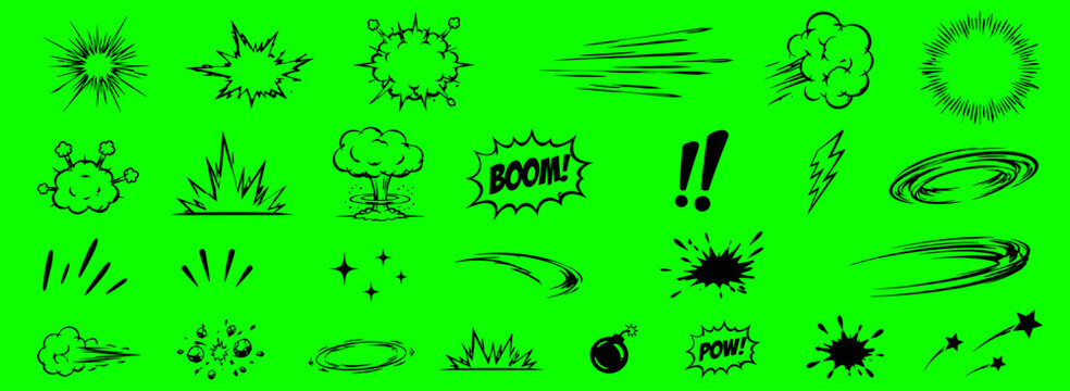 Comic speed line and boom explosion effect set with motion bursts, smoke clouds, impact flashes, action marks, superhero energy strokes and hand drawn doodle elements. Vector illustration