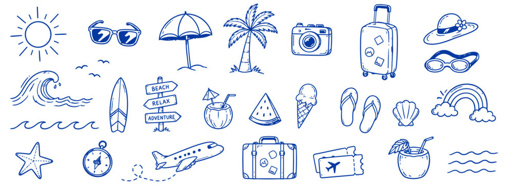 Hand drawn summer beach icon set with sun, sea, palm tree, sunglasses, umbrella, camera and suitcase doodles for tropical travel, vacation and holiday themes. Vector illustration