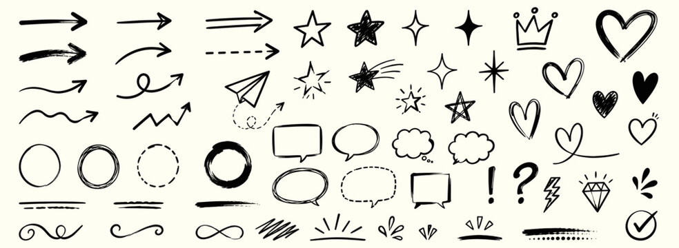 Doodle line arrow collection with hand drawn stars, hearts, circles, cloud speech bubbles, brush marks, underlines and rough grunge decorations. Vector illustration