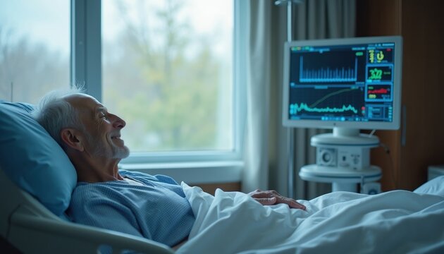 Elderly man lying in hospital bed at clinical ward room. Senior patient smiles looking at digital medical monitor screen. Advanced tech health equipment tracks vital signs for recovery treatment. Pro
