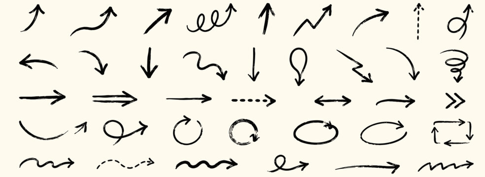 Hand drawn arrow line icon vector set with brush sketch curves, up and down directions, chalk crayon texture, grunge scribbles and rough navigation symbols