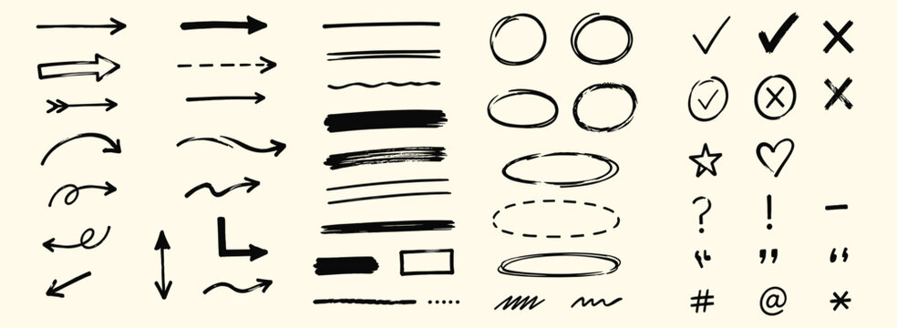 Hand drawn marker arrow and highlight set with pencil strokes, oval circles, underlines, check marks, crosses, rough doodle textures and sketch direction icons, vector illustration