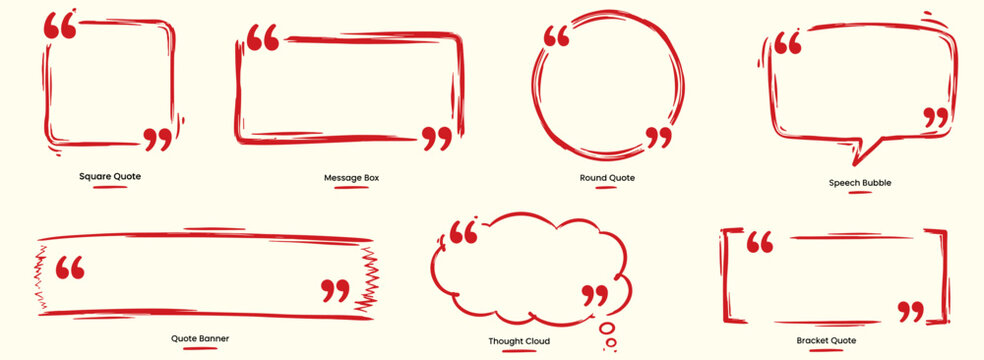 Hand drawn quote frame and speech box collection with marker brush textures, quotation marks, chat banners, square message panels and text templates vector illustration