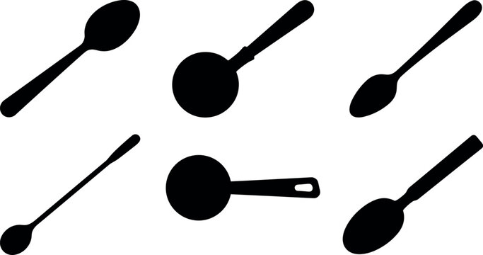 Spoon Silhouette Vector Set with Teaspoon, Tablespoon, Soup Ladle, and Measuring Scoop Symbols for Kitchen Utensil, Cooking, and Restaurant Menu Designs