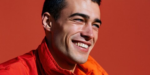Obraz premium Smiling young man portrait with orange background for banner poster background and wallpaper use in advertising and design