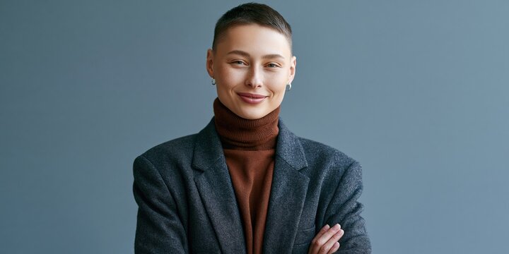 Confident shorthaired professional headshot against neutral studio backdrop for corporate profile and linkedin portrait