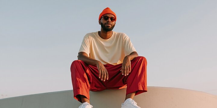 Man in red pants and orange beanie seated on curved concrete wall for editorial portrait and lifestyle banner design