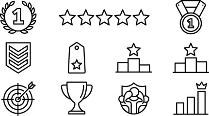 Naklejka premium Achievement and Success Line Icon Set with Trophy, Medal, Stars, Target, and Podium Symbols for Business Performance, Rewards, and Gamification Designs