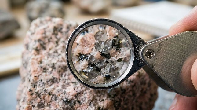 A geologist examines a rock sample with a magnifying glass in a laboratory setting closely.
