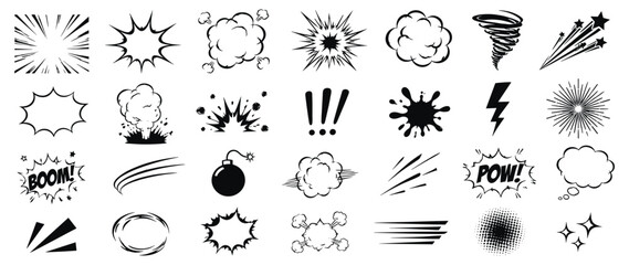 Comic Cartoon Explosive Line Effect Set with Speed Bursts, Motion Strokes, Boom Clouds, Action Impacts, Smoke Puffs and Hand Drawn Superhero Elements. Vector Illustration © aura studio