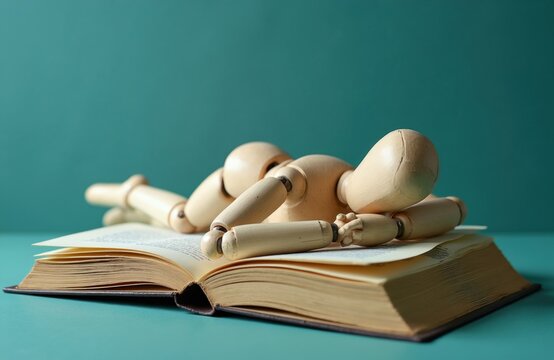 Small wooden mannequin lies on open book pages. Toy dummy figure rests during reading process. Concept of literature hobby, student exhaustion. Human puppet doll relaxes on text volume study