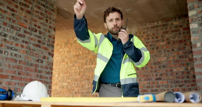 Construction site, radio and man talking for development, work coordination and maintenance request. Communication, architect and person with building inspection, safety compliance or progress report
