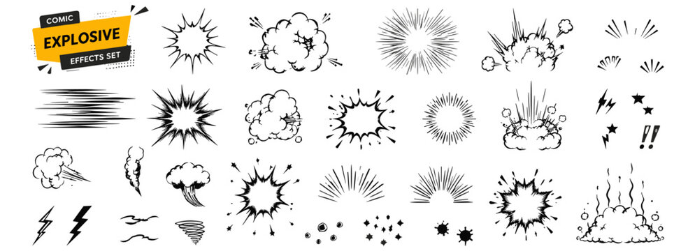 Comic speed burst and explosive action effect set with boom clouds, impact lines, smoke blasts, motion strokes, hand drawn superhero sketch elements. Vector illustration