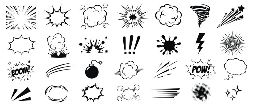 Comic Cartoon Explosive Line Effect Set with Speed Bursts, Motion Strokes, Boom Clouds, Action Impacts, Smoke Puffs and Hand Drawn Superhero Elements. Vector Illustration