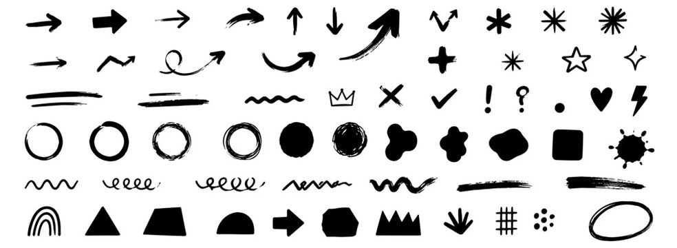 Brush arrow and abstract shape set with marker strokes, organic circles, asterisk symbols, grunge blobs, scribble curves and bold hand drawn texture. Vector illustration