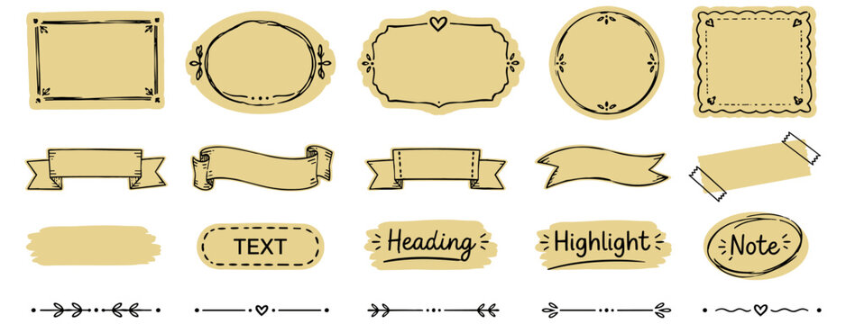 Hand drawn frame box and text title set with ribbon banner, highlight underline, doodle pen, marker sketch, vintage border, ornament tag, headline label and decorative shapes. Vector illustration