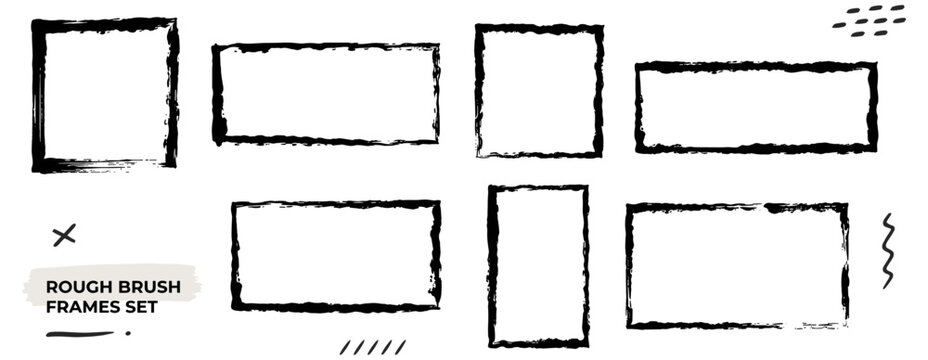 Distressed brush rectangle and square border collection, black ink frames with ripped uneven edges, rough vintage text boxes and grunge paper shapes vector illustration