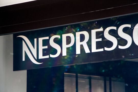 BORDEAUX, FRANCE - JUNE 17, 2022. Nespresso logo on Nespresso store. Nespresso, is an operating unit of the Nestle Group, based in Lausanne, Switzerland

