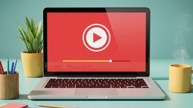 Laptop with Online Video Player on Modern Workspace Desk 4K Animation