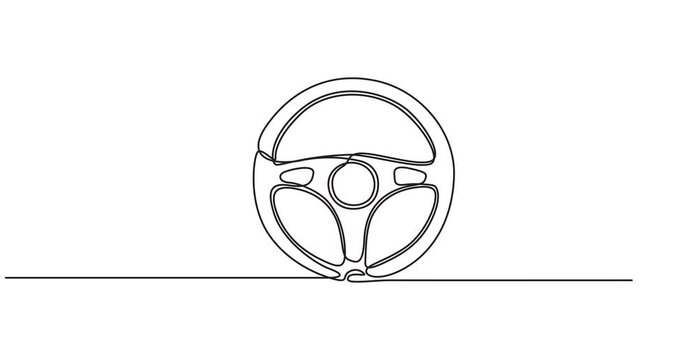 Continuous line drawing of car wheel video. One line icon of wheel. One line drawing background. Vector illustration. Car steering wheel symbols animation, motion, Continuous one line drawing