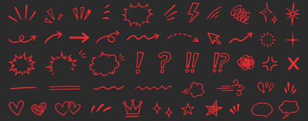 Cute hand drawn motion line set with arrows, sparkle, emphasis marks, shock symbols and comic emotion effects. Doodle sketch movement elements for cartoon and manga design. Vector illustration © aura studio