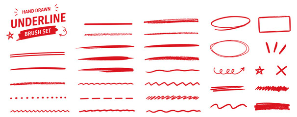 Crayon underline and brush stroke set with hand drawn pencil marks, chalk textures, curved squiggles, highlight lines, rough dividers and scribble accents. Vector illustration © aura studio