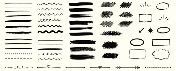 Hand drawn underline brush pencil set with crayon strokes, chalk texture, sketch marks, thin and thick squiggle dividers, highlight bars and scribble accents. Vector illustration © aura studio