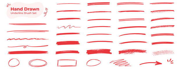 Pencil brush underline set with hand drawn crayon strokes, chalk marks, sketchy squiggle lines, highlight bars, rough dividers and scribbled emphasis textures. Vector illustration © aura studio