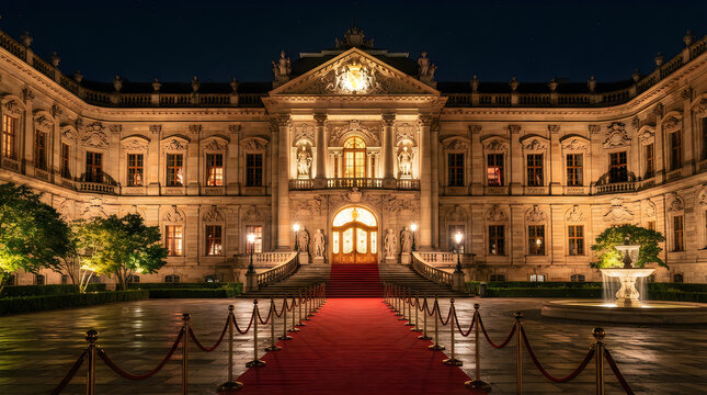 Red carpet entrance leading to a grand illuminated historic palace building at night with ornamental architecture entrance architecture historic building exterior