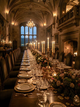 Long formal dining table set for a banquet in a historic castle hall with tall burning candles and floral arrangements interior celebration historical architecture