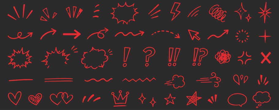 Cute hand drawn motion line set with arrows, sparkle, emphasis marks, shock symbols and comic emotion effects. Doodle sketch movement elements for cartoon and manga design. Vector illustration