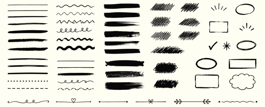 Hand drawn underline brush pencil set with crayon strokes, chalk texture, sketch marks, thin and thick squiggle dividers, highlight bars and scribble accents. Vector illustration
