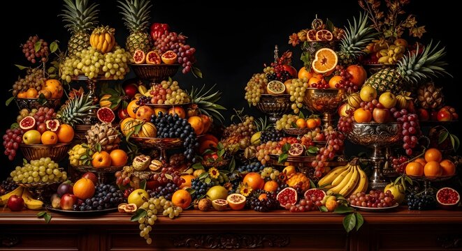 Abundant arrangement of assorted fresh tropical and seasonal fruits on a rustic wooden table with arrangement pineapple assorted nutrition delicious vitamins