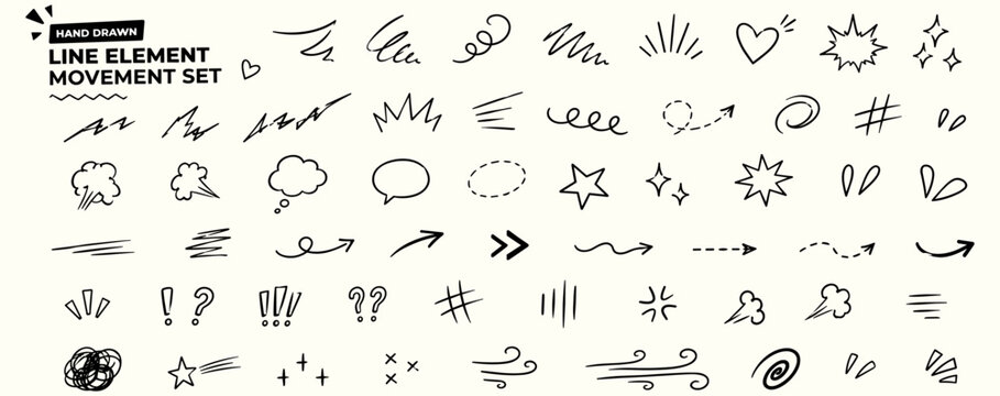 Comic movement doodle line set with hand drawn sketch effects, expressive emotion symbols, manga action marks, stars, hearts, sparkles, arrows and pencil strokes. Vector illustration