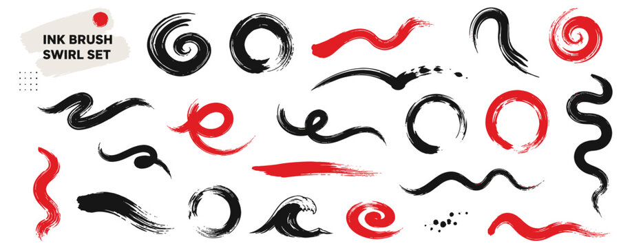 Abstract ink brush swirl set with calligraphy curves, spiral strokes, swoosh lines, wavy loops, squiggles and rough grunge paint textures. Hand drawn vector illustration
