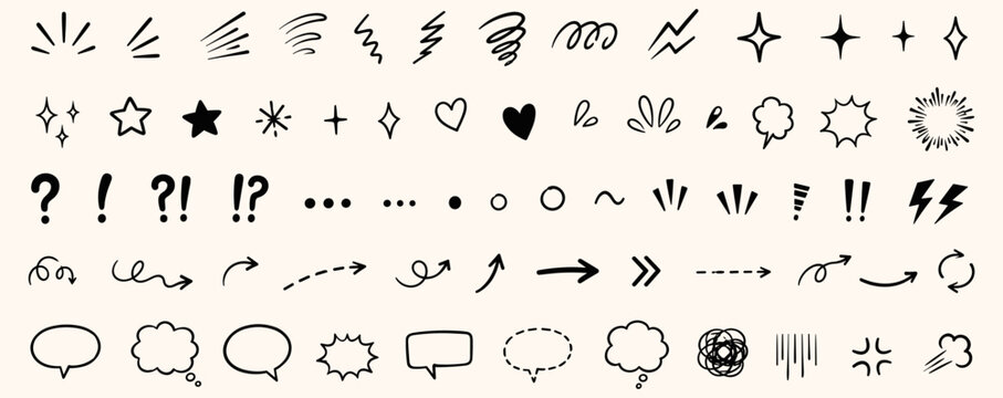Hand drawn movement line element set with doodle sketch strokes, comic emotion marks, manga effects, stars, sparkles, hearts, arrows and expressive symbols. Vector illustration