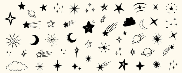 Gold star sticker collage set with hand drawn sketch icons, crayon brush texture, magic sparkle, twinkle, moon, cloud, sun and cute space elements. Vector illustration © aura studio