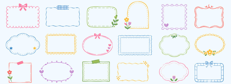 Cute hand drawn frame border set with doodle square, rectangle, scallop, lace, bow and retro vintage photo card shapes for kids and scrapbook design. Vector illustration
