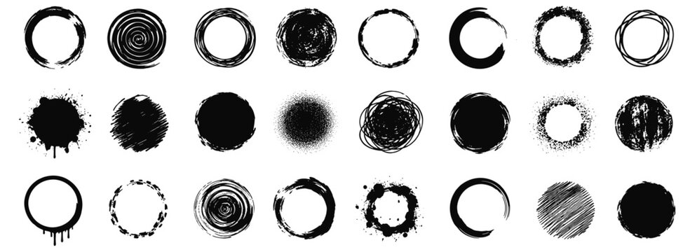 Black crayon circle brush collection with hand drawn round scribbles, rough pencil strokes, ink splatter, dot textures and grunge circular shapes vector illustration