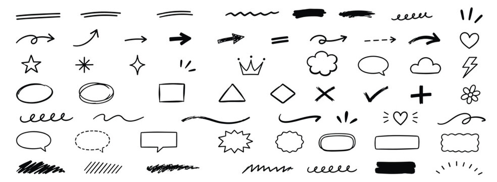 Marker brush underline doodle set with hand drawn pen strokes, pencil arrows, hearts, stars, crown, speech bubble, swoosh and highlight sketch icons. Vector illustration