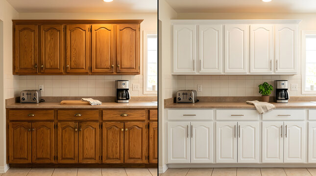 Kitchen cabinet painting before and after | DIY white kitchen cabinet remodel | Refinishing oak cabinets to white | Modernizing old kitchen cupboards