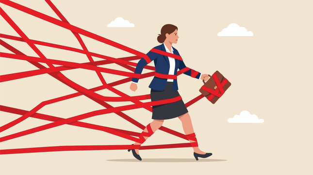 Businesswoman struggling with red tape constraints in this flat vector graphic illustration for corporate office concepts