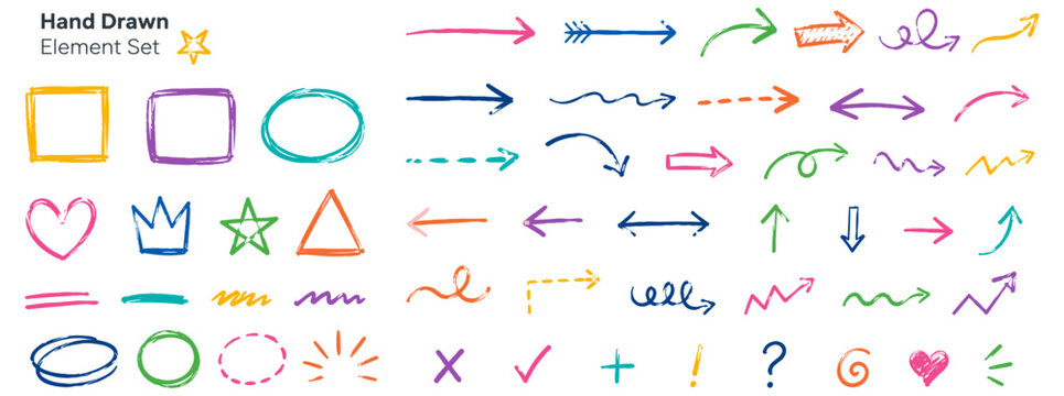 Hand drawn arrow and brush line element set with grunge squares, hearts, frames, circles, underlines and scribble marks in chalk and crayon style. Vector illustration
